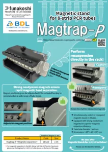 Magtrap-P magnetic stand for 8-strip PCR tubes with adjustable magnets to resuspend samples directly in the rack.